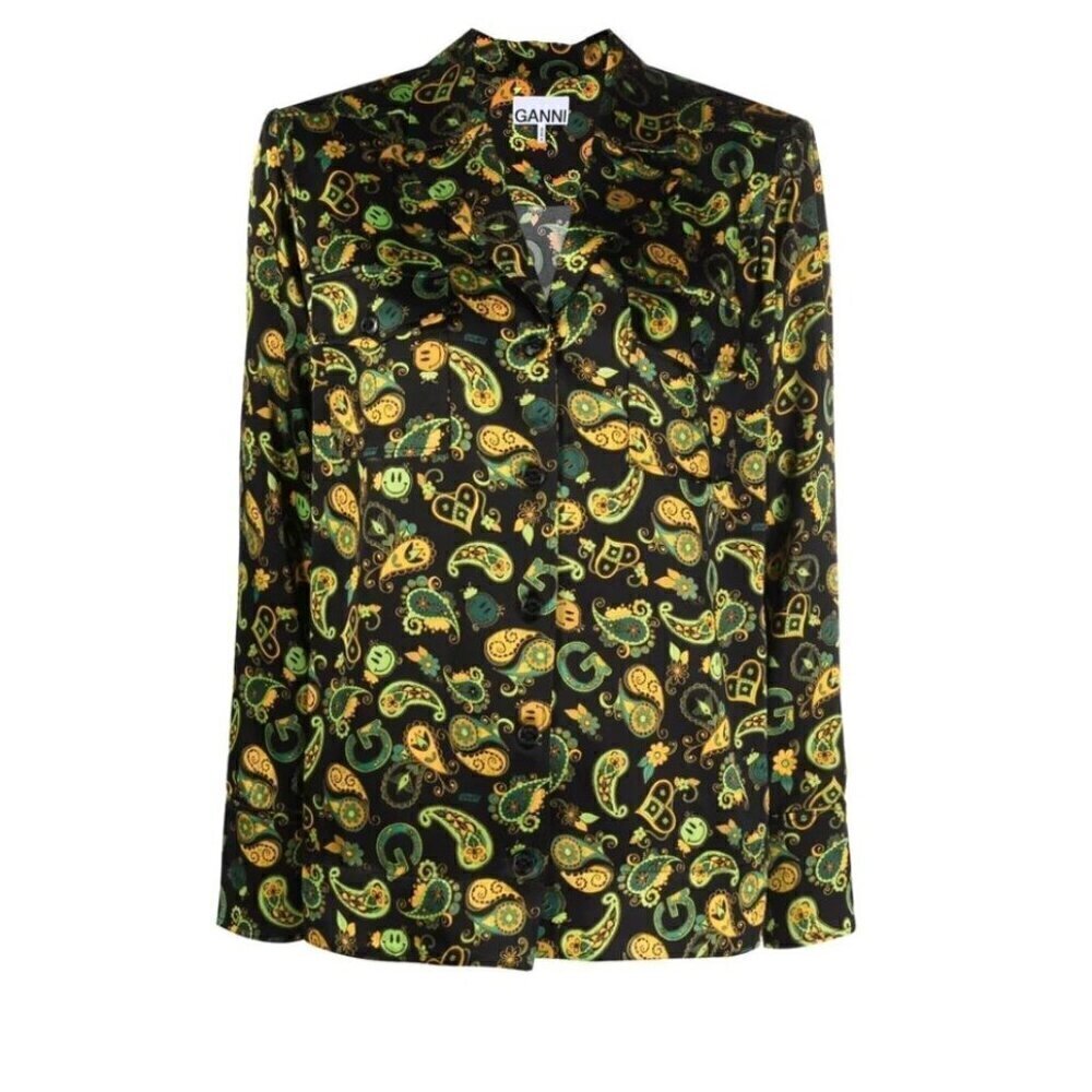 GANNI Smile Paisley-Print Satin Long Sleeve Button Front Shirt Size EU 32